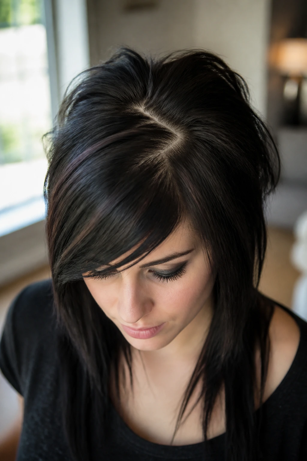 Close-up of a real woman showing a zigzag part at the crown for root lift