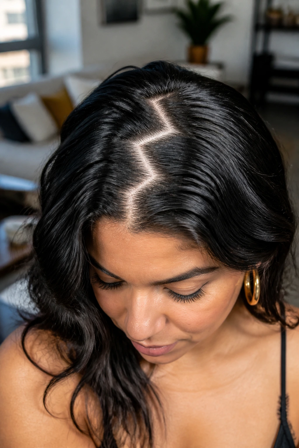 Close-up of a real woman's hair with a zig-zag part.