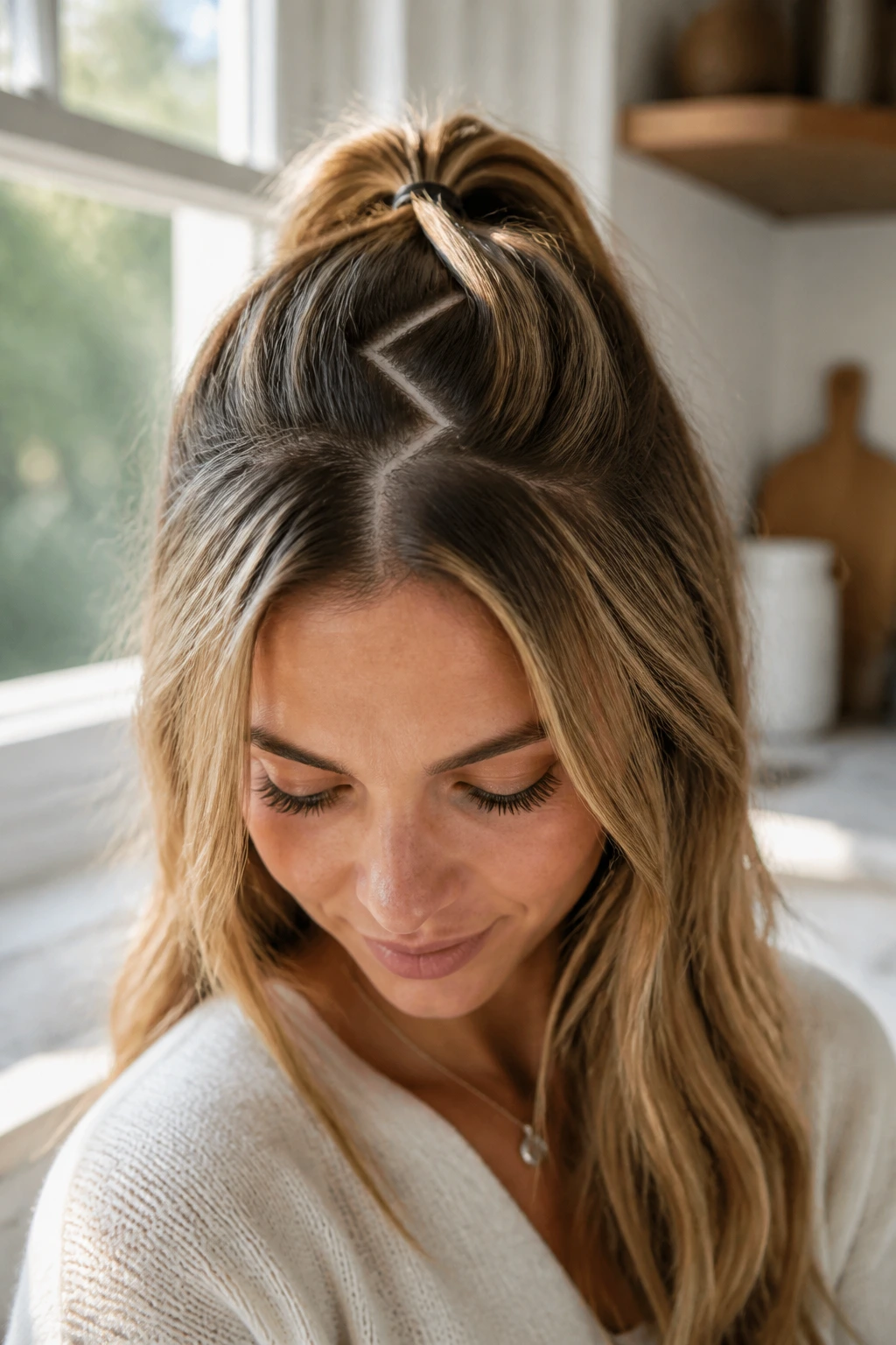 Close-up of a real person with a zig-zag part and half-up pony hairstyle