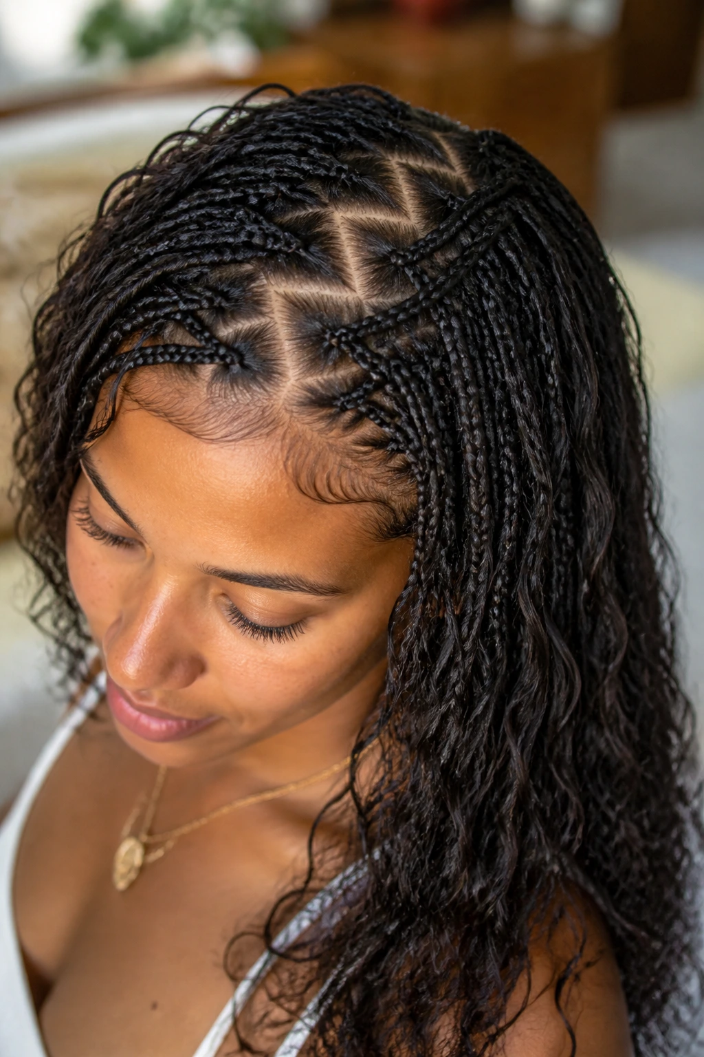 Portrait of a real woman with a zig-zag part and micro-braids along the crown