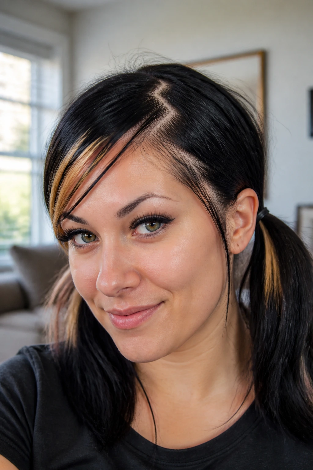 Real woman with zig-zag part and two low pigtails