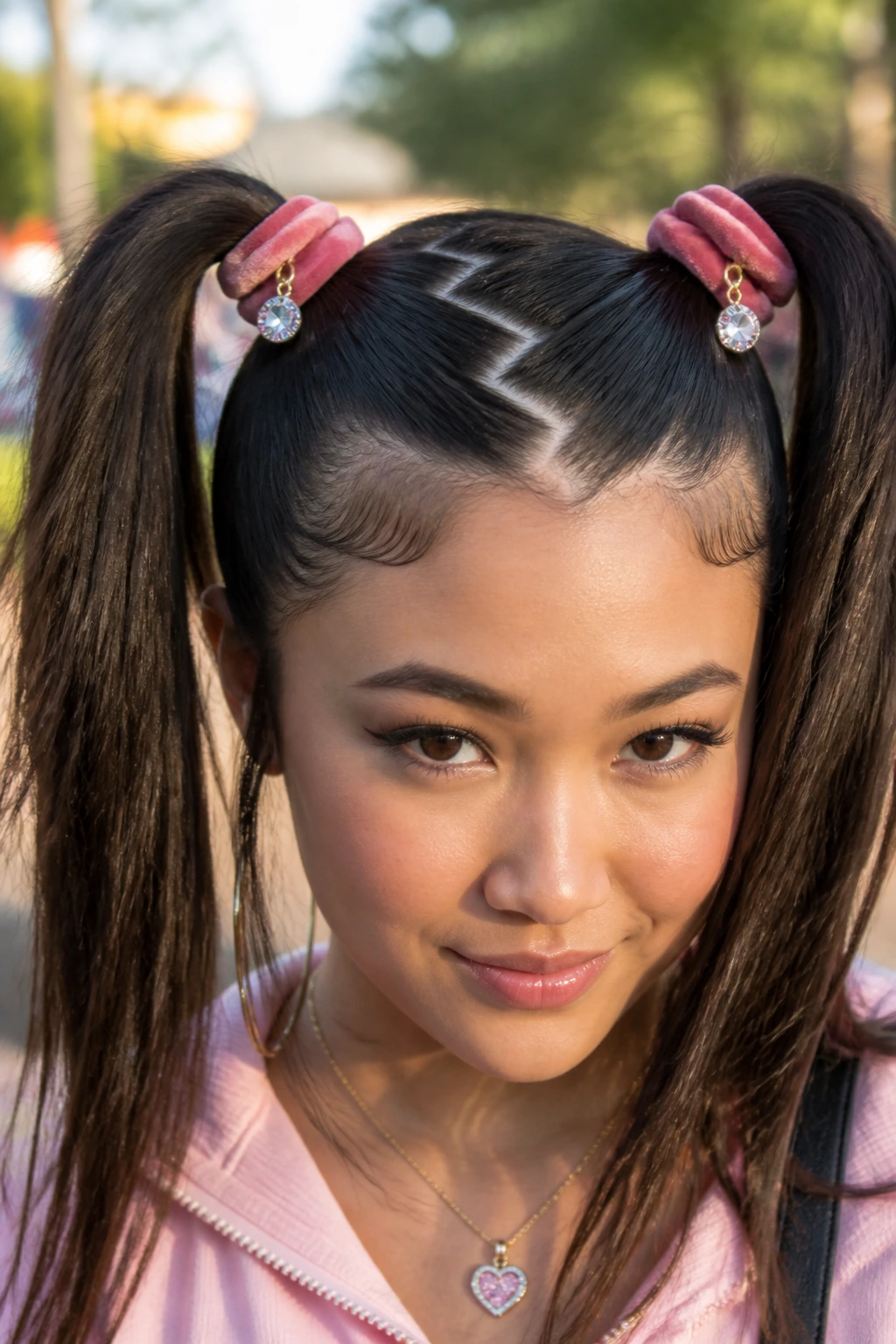 Real person with zig-zag part and high pigtails.