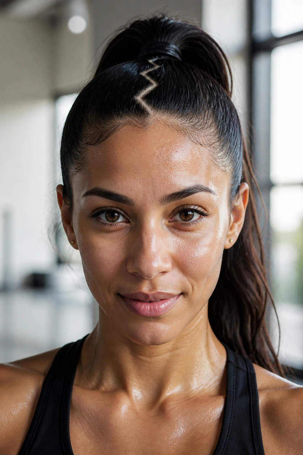 Close-up of a real woman's zigzag parted ponytail in a gym