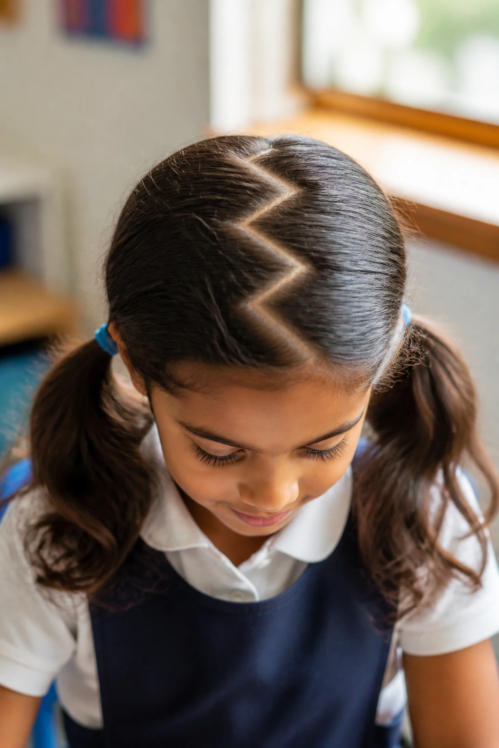 Close-up of a real person with zig-zag parted pigtails