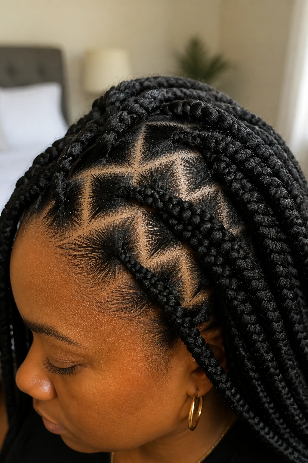 Real woman with zig-zag parting under crochet braids