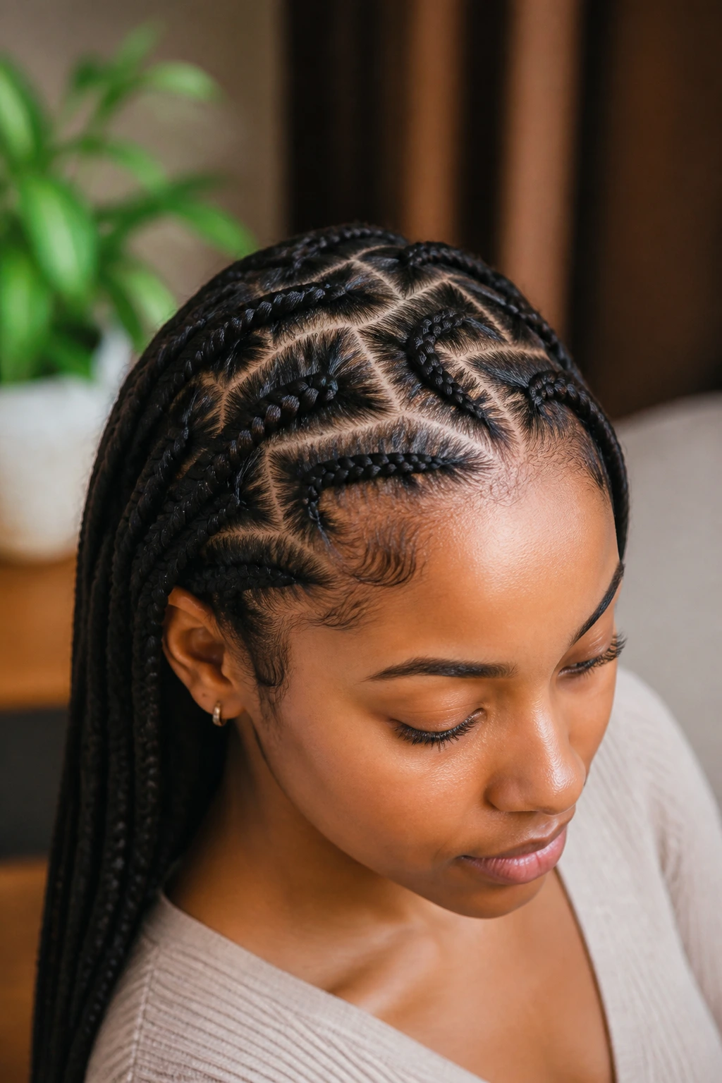 Close-up portrait of a real person with zig-zag parting cornrows.
