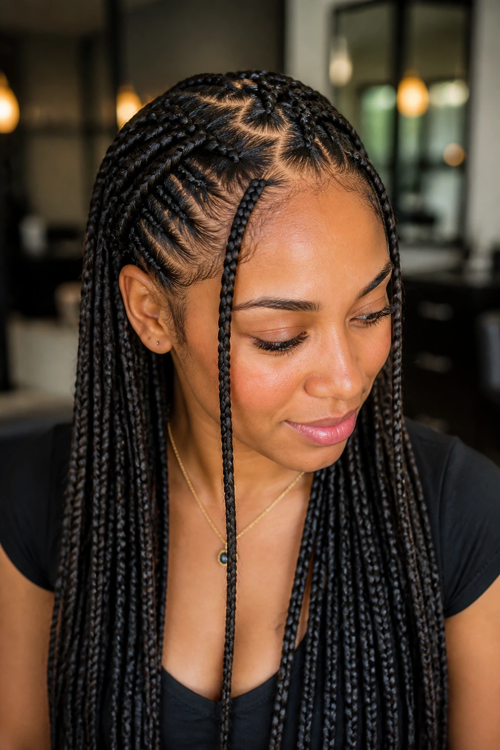 Zig-zag parting Fulani braids close-up