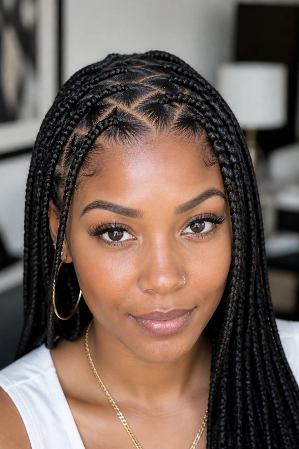 Box braids with zig-zag parts on real person