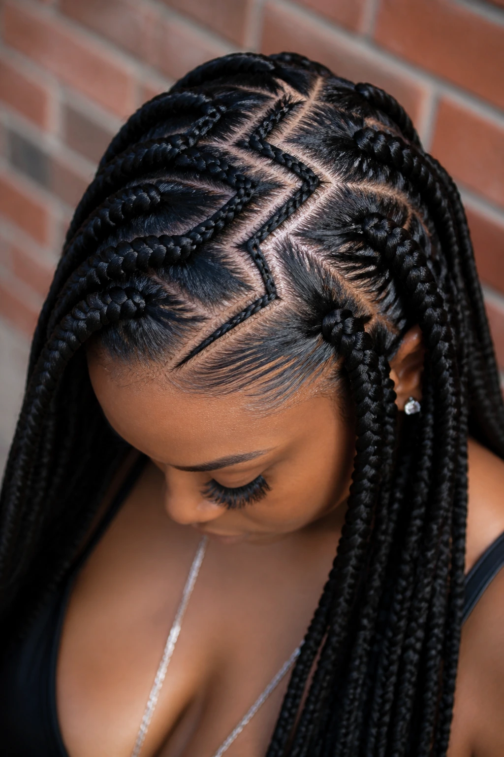 Close-up of a real person with zig-zag hairstyle parting.