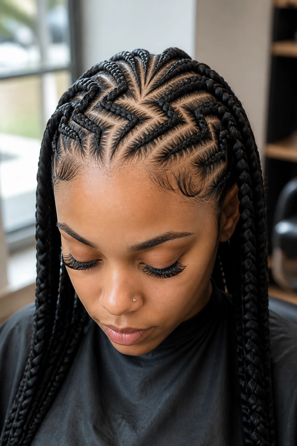 Close-up of tribal zig-zag braided parts on a real woman, sunburst scalp pattern.