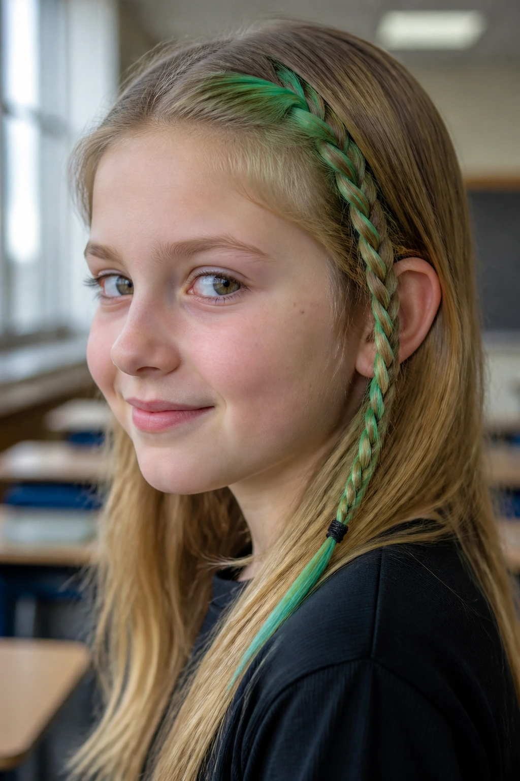 Close-up of a child with a green streak woven into a side braid