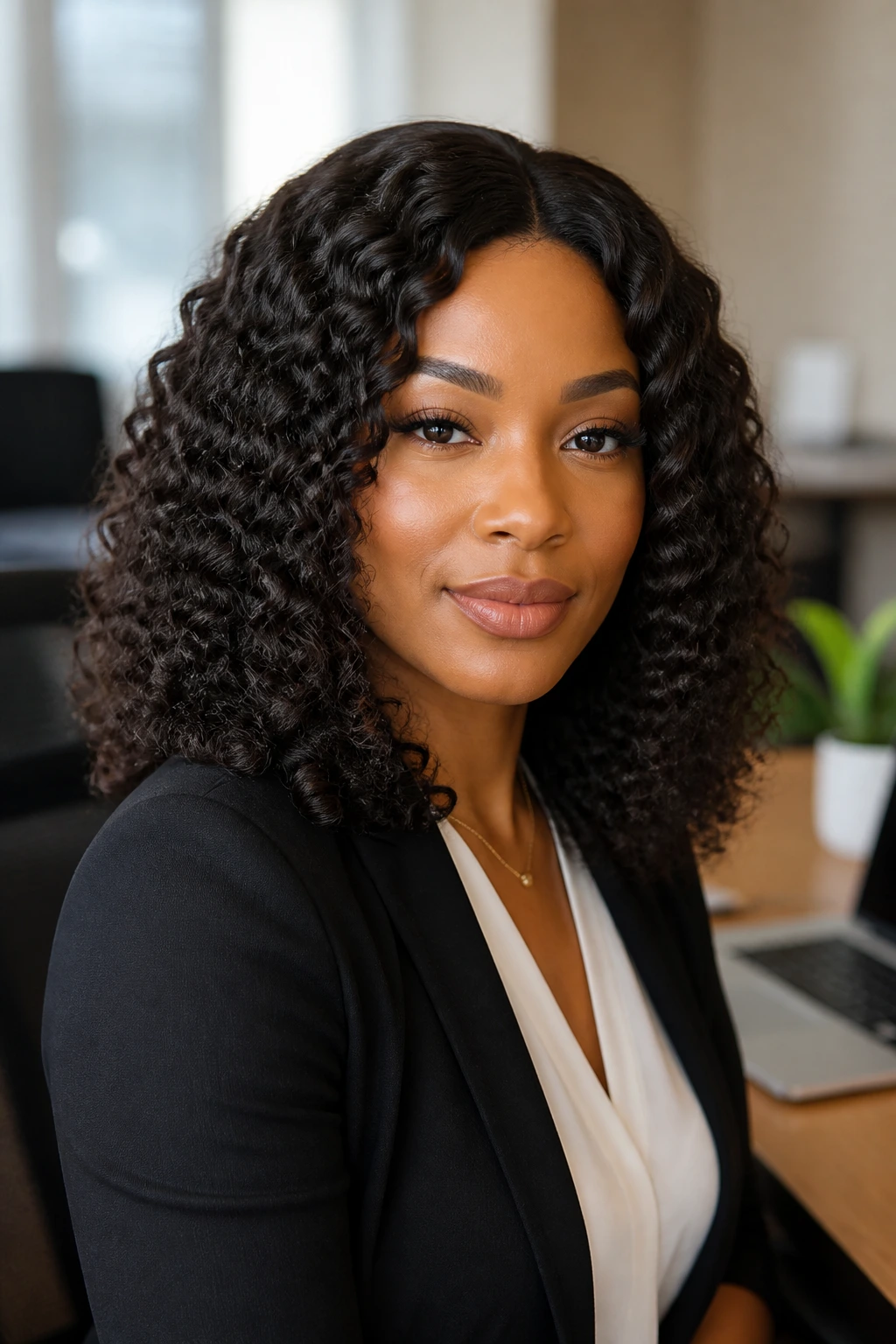 Close-up of a real woman wearing a shoulder-length curly wig around 20 inches in an office setting