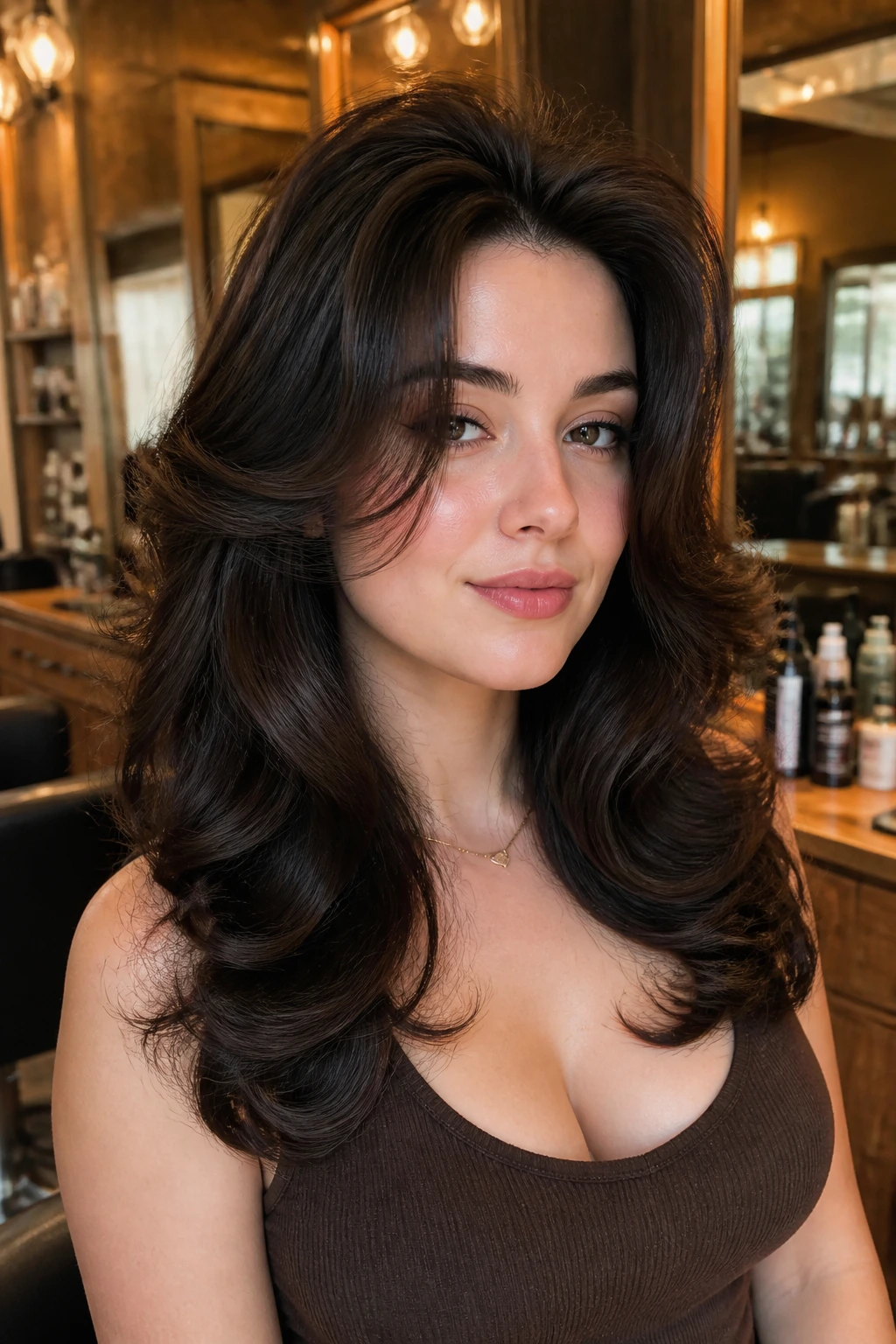 Close-up of a real woman with a voluminous 70s blowout in a retro-inspired salon.