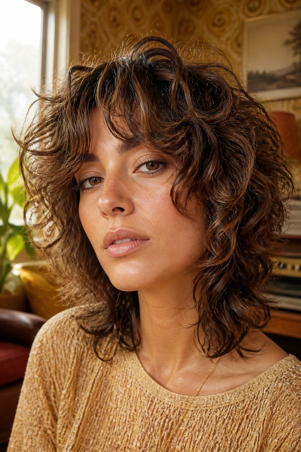 Close-up of a woman with a 70s-inspired shag bob and curtain bangs in warm retro living room lighting
