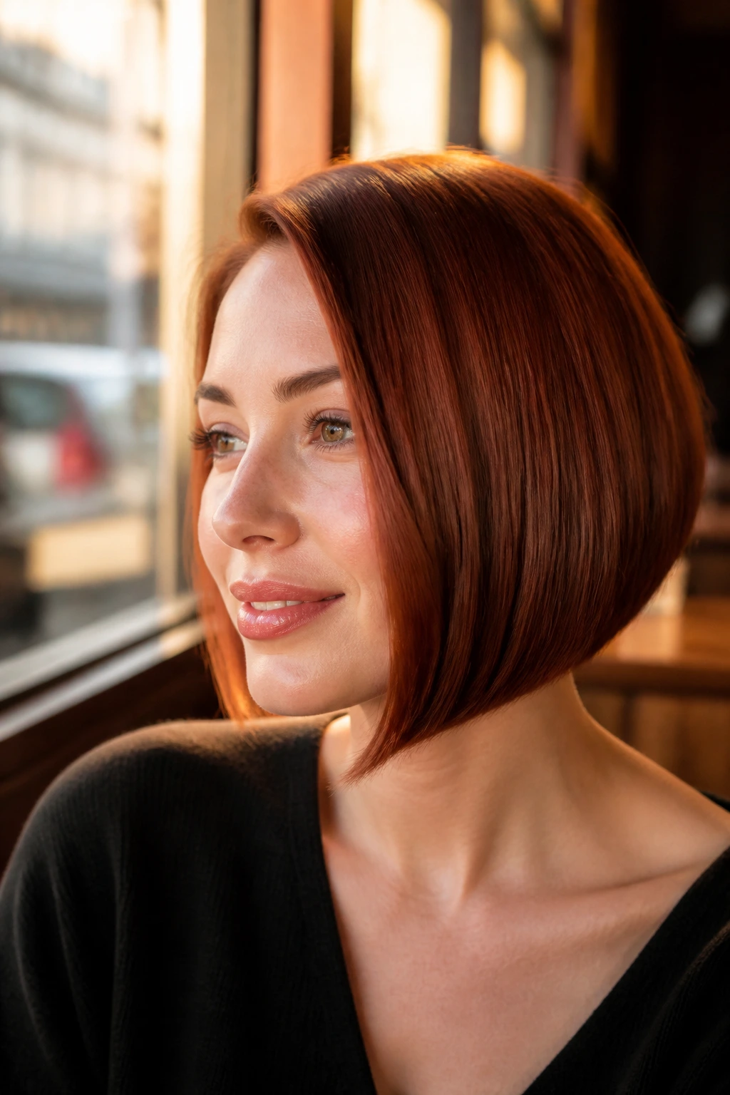 Close-up portrait of a real woman with a sleek A-line bob in rich auburn copper