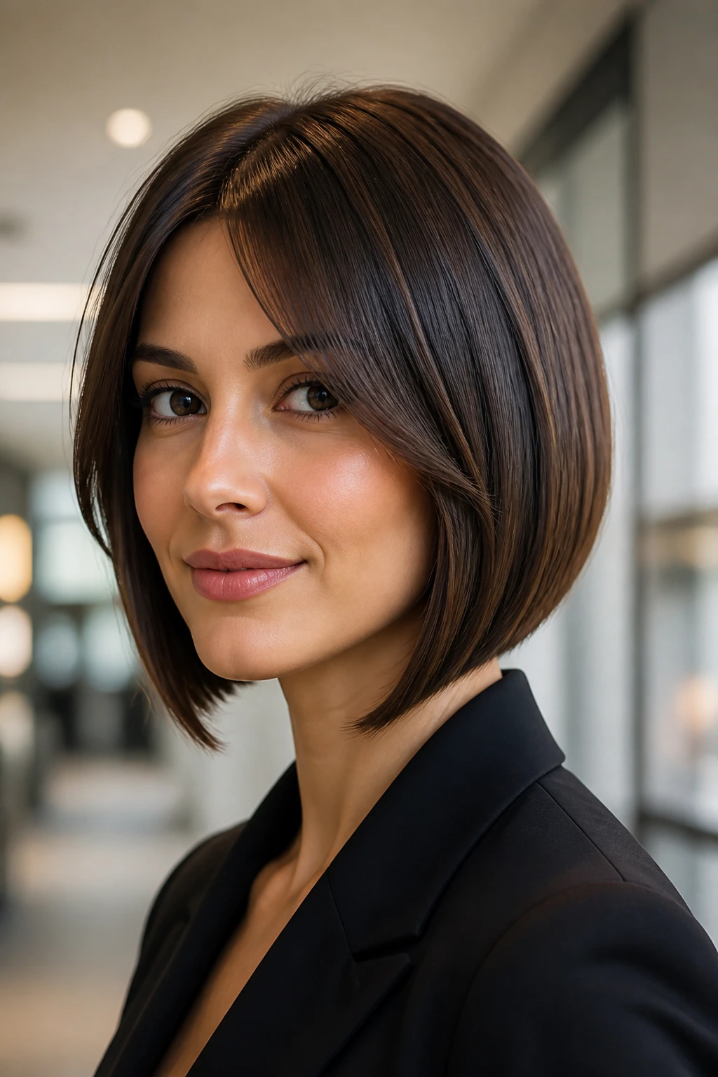 Close-up of a woman with a sleek A-line bob and tapered curtains