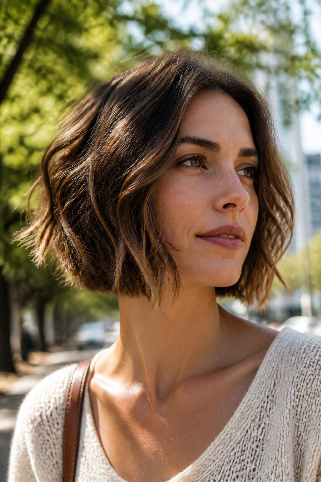 Close-up of a real woman with an A-line bob