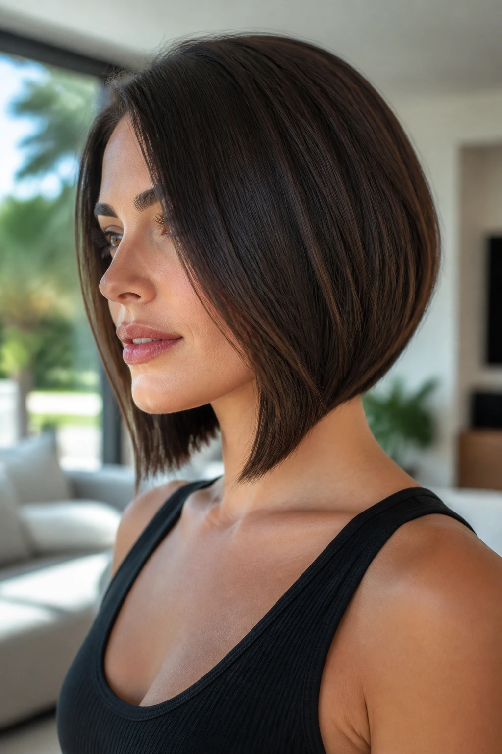 Brunette with A-line inverted bob, longer front, stacked back.