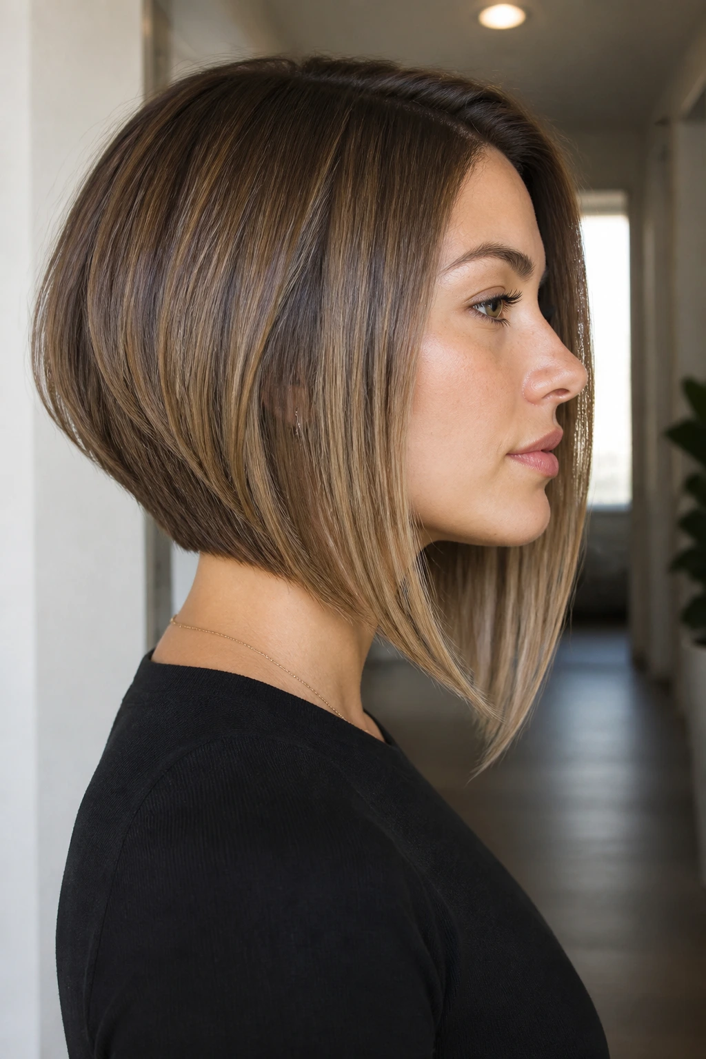 Profile portrait of a real woman with an A-line lob silhouette