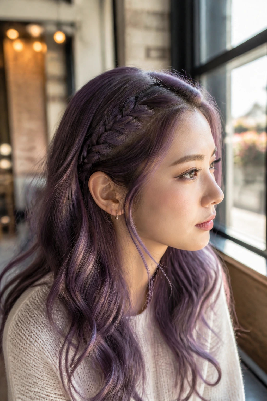 Close-up of a real woman with amethyst-toned hair featuring an accent braid behind the ear