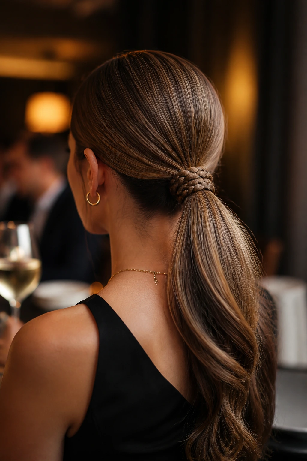 Rear view of a real woman with accented low ponytail and braided wrap
