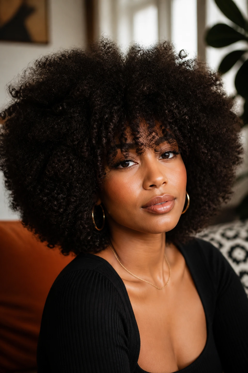 Close-up of a real Black woman with a voluminous Afro and bangs in a warm window-lit room