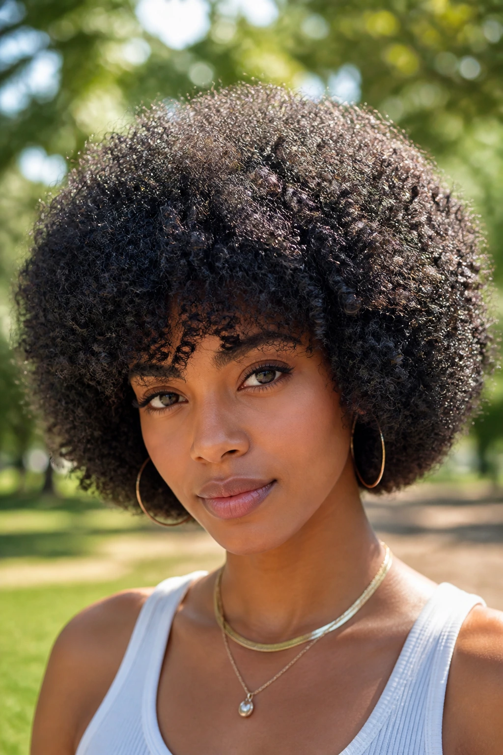 Close-up of a real person with a rounded Afro-Bob and bold volume.