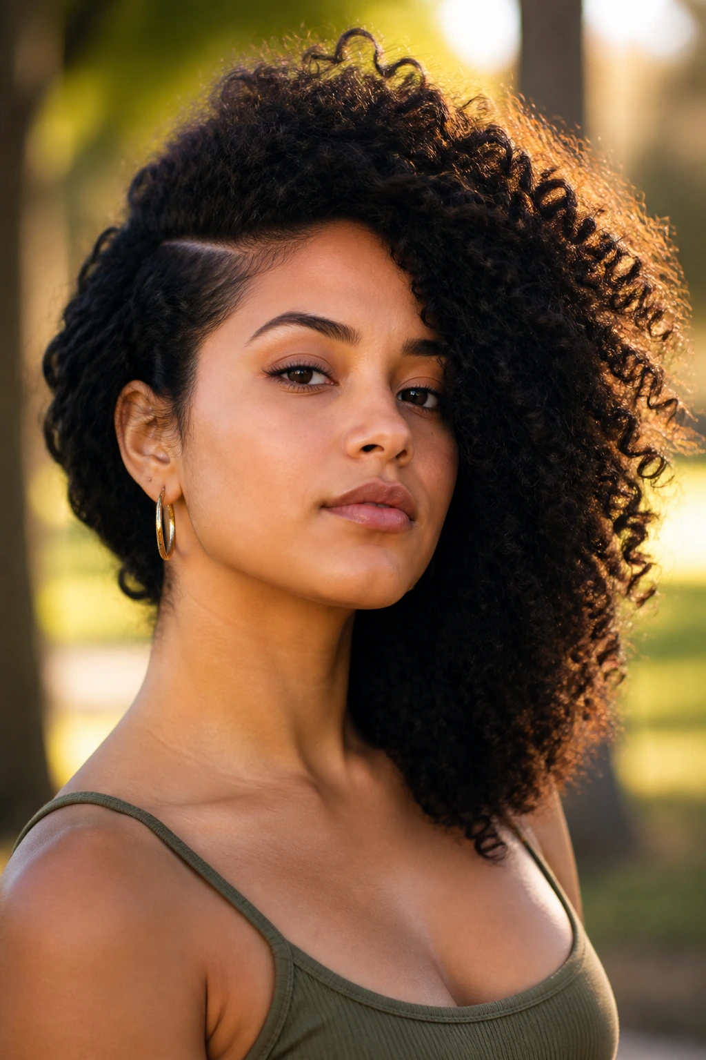 Close-up of a Latina woman with a dramatic deep side-part Afro