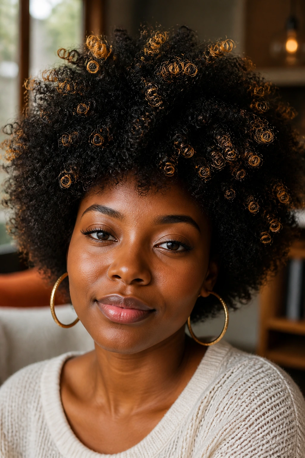 Close-up portrait of a real person with a gold-flecked black Afro featuring subtle gold tips.