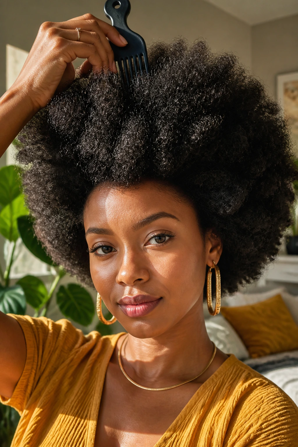 Close-up of a real woman with a big natural Afro.