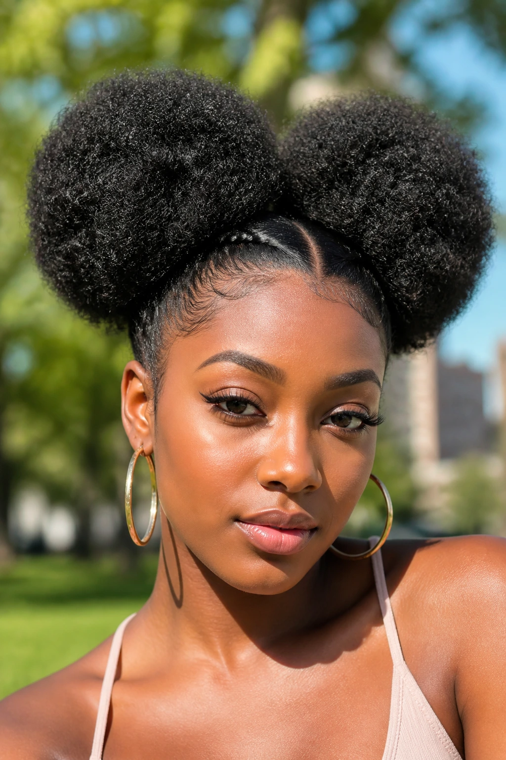 Woman with defined Afro Puffs in daylight outdoors