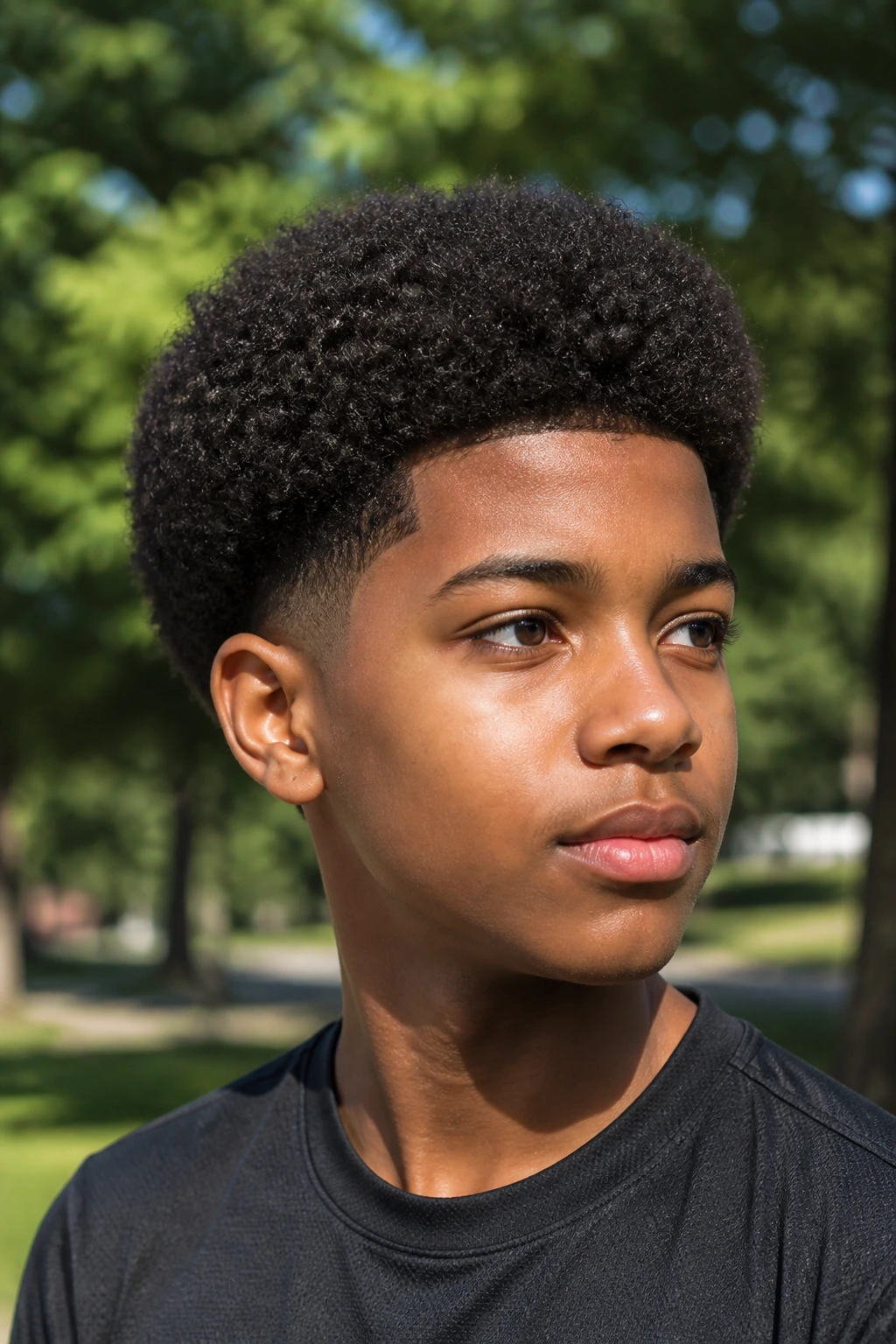 Real boy with tight afro curls in a rounded silhouette outdoors