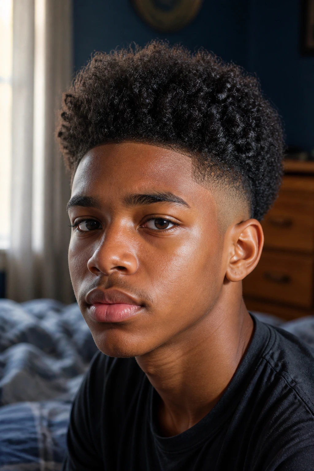 Close-up portrait of a teen with a natural afro taper showing defined curls and tapered sides.