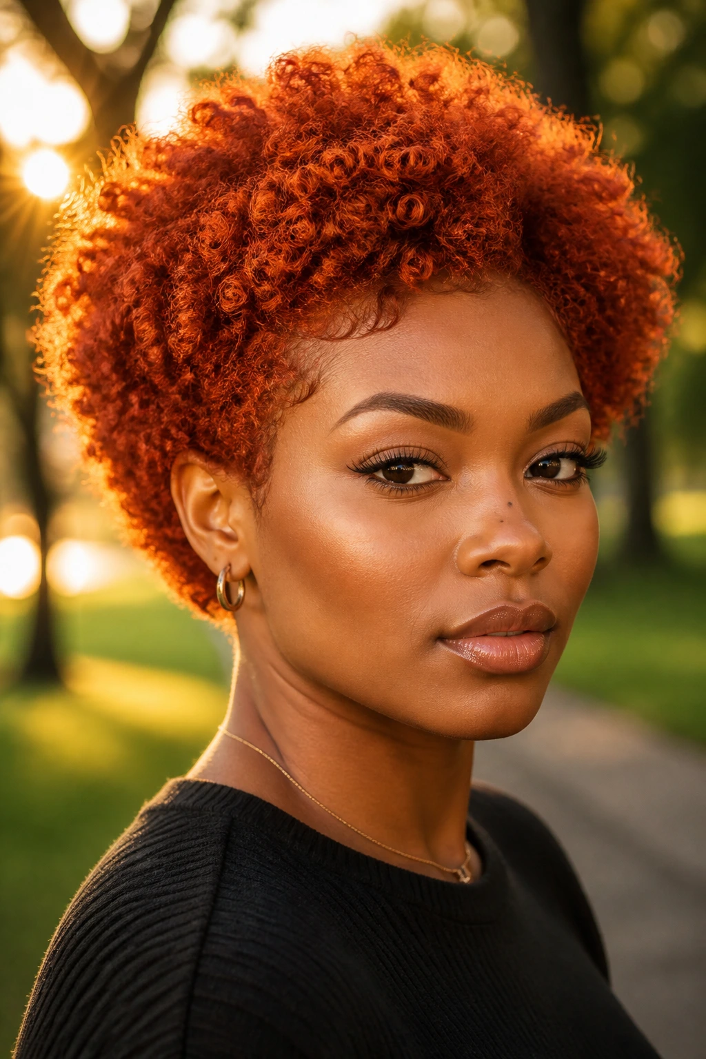 Close-up of a real person with voluminous copper afro-textured crop