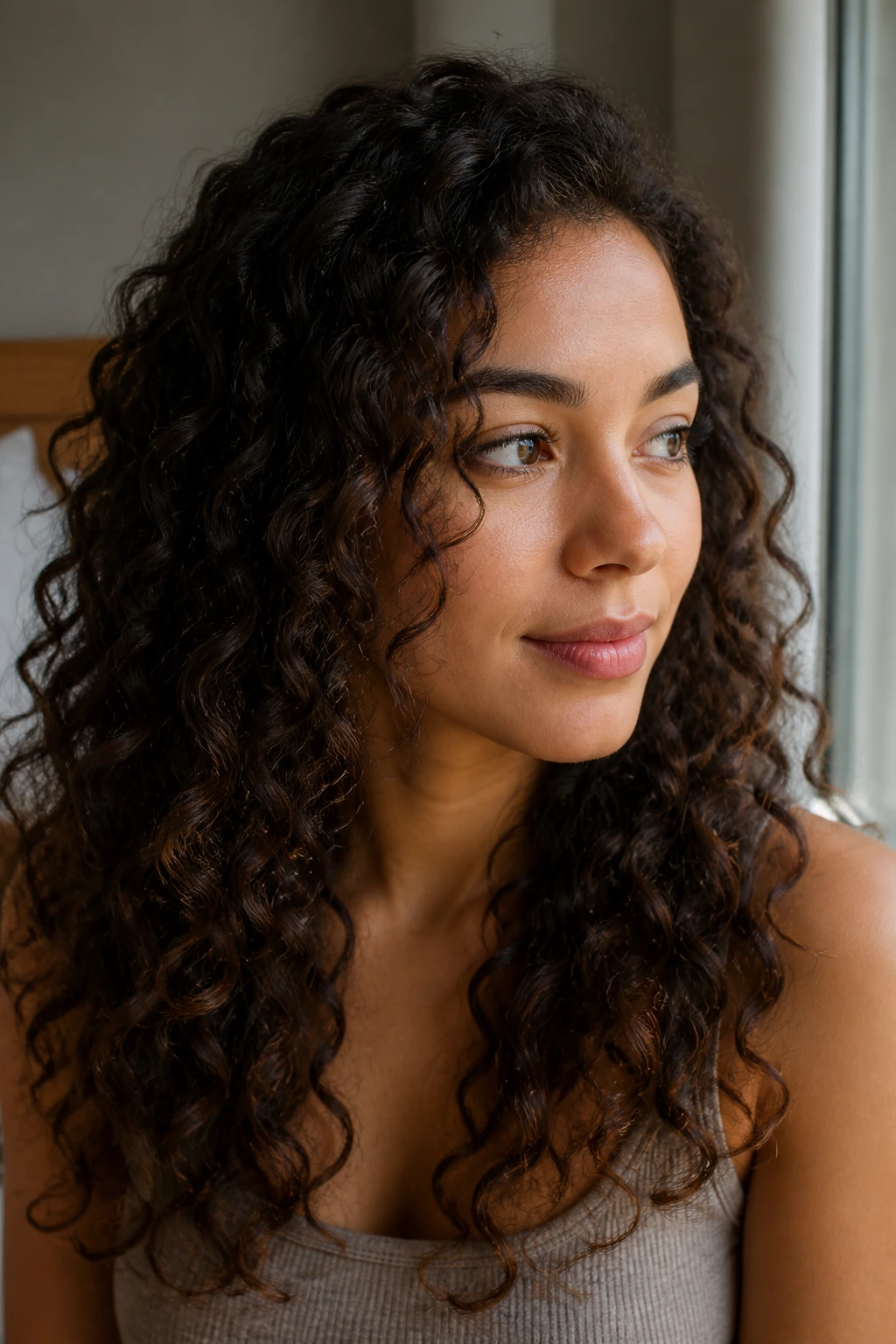 Real person with natural curls while air-drying near window