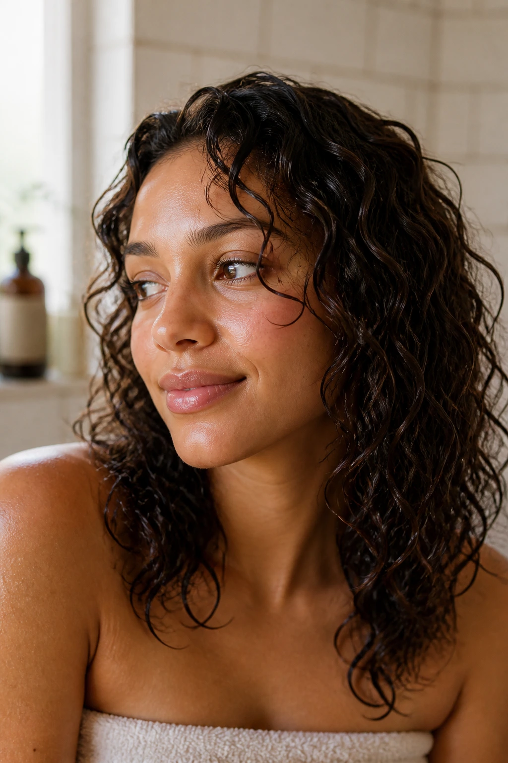 Close-up of a woman with damp curly hair in a bathroom, no spray bottle in use