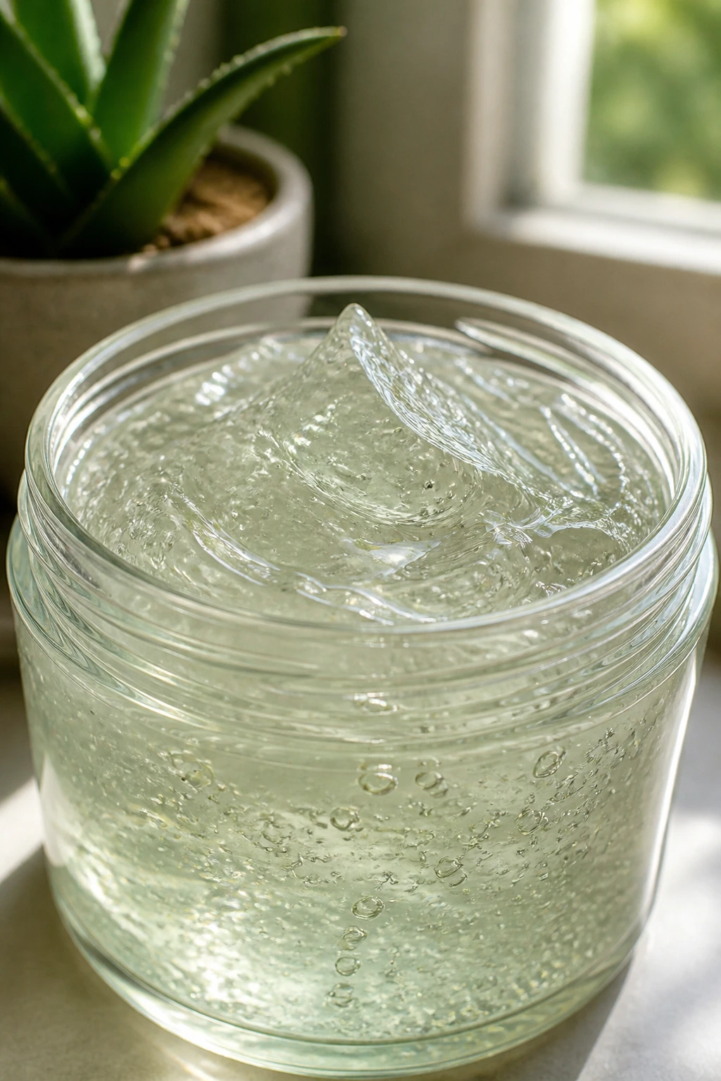 Close-up of a jar of aloe vera gel on a bathroom counter with natural light