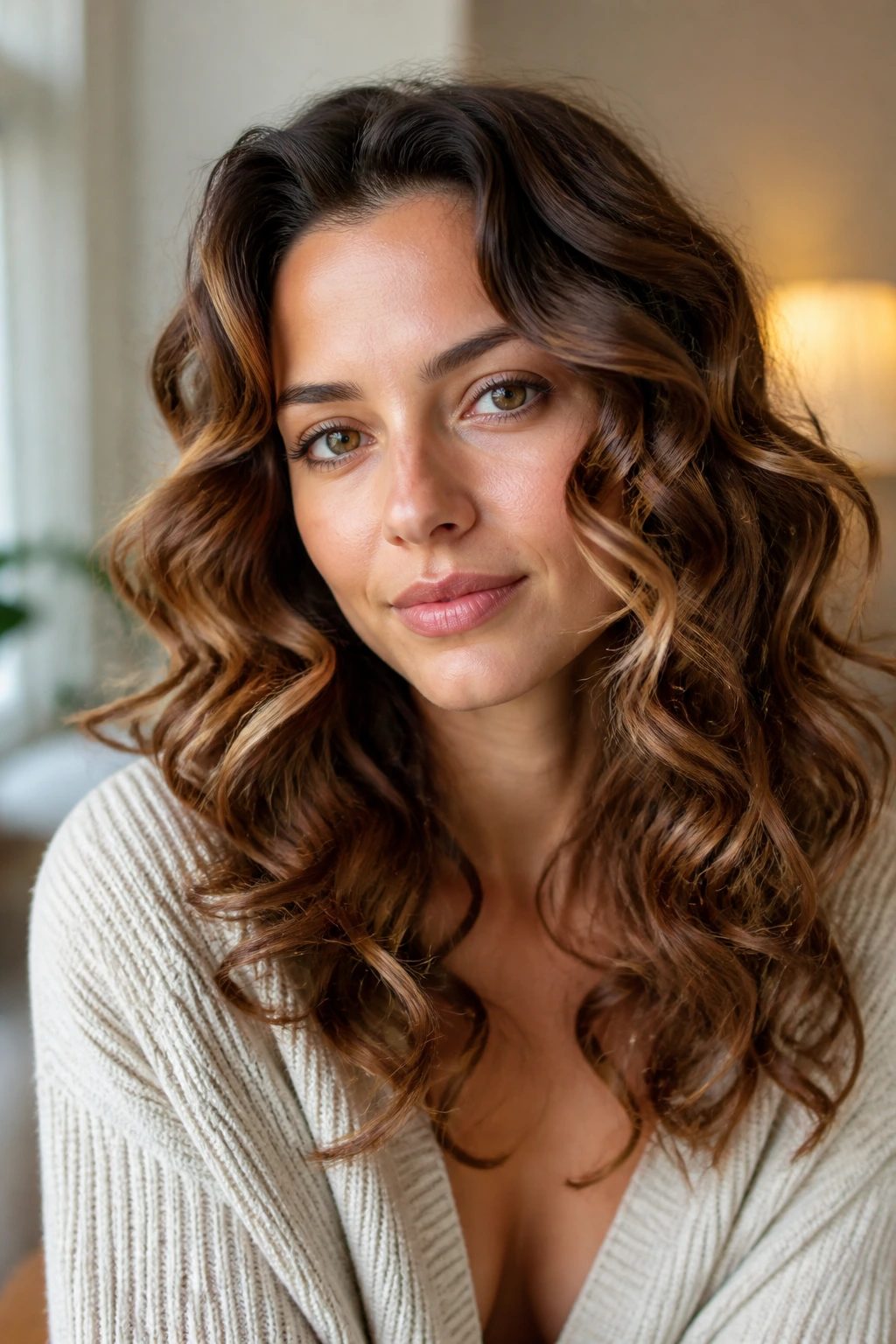 Real woman showing curls directed alternately toward and away from her face for volume.