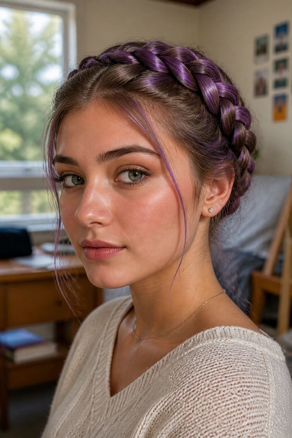 Close-up of a real person wearing an Amethyst Dutch Braid Crown with light purple ribbons