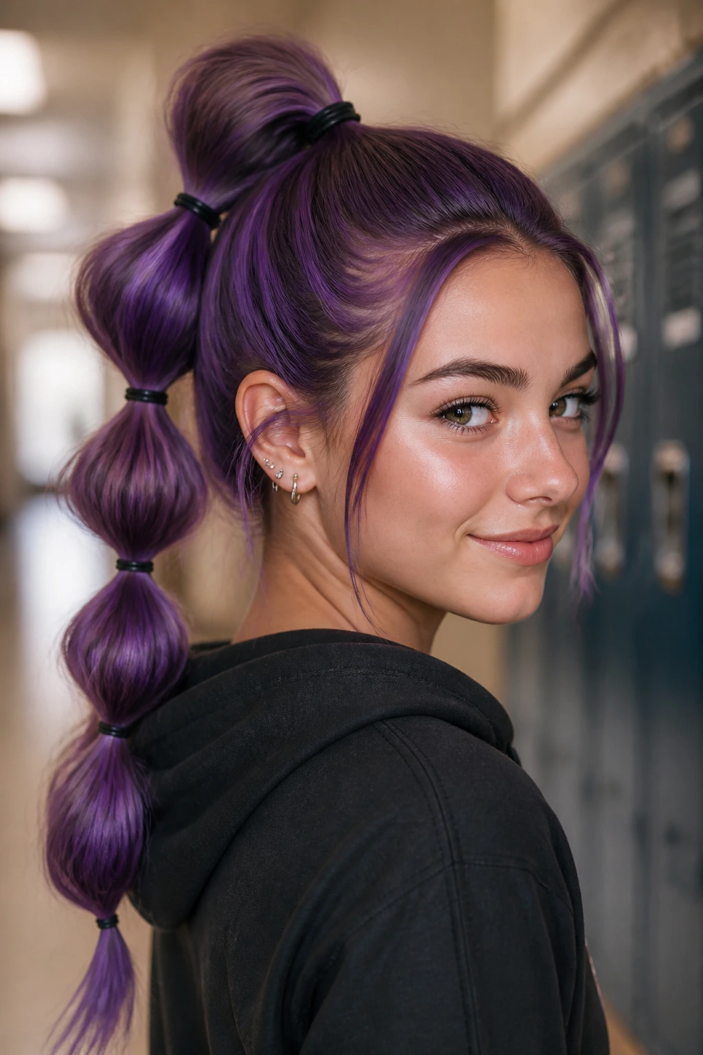 Close-up of amethyst hair in a bubble ponytail on a real person.