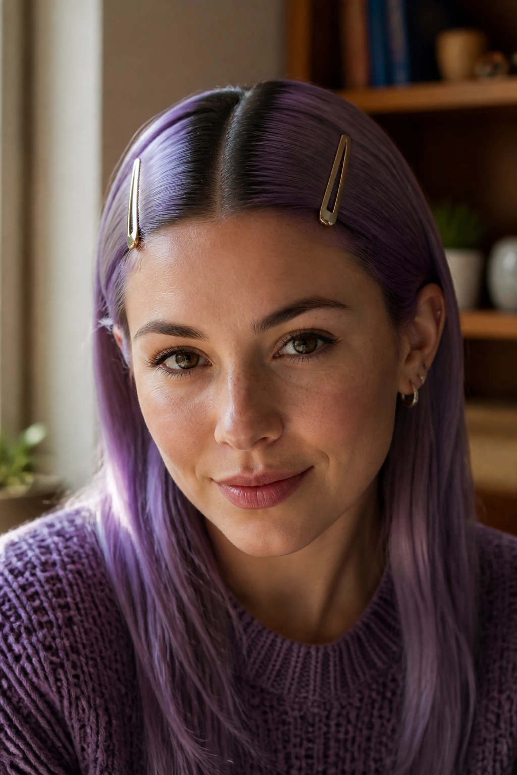 Close-up portrait of a real person with amethyst hair, a sleek center part, and oversized bobby pins.