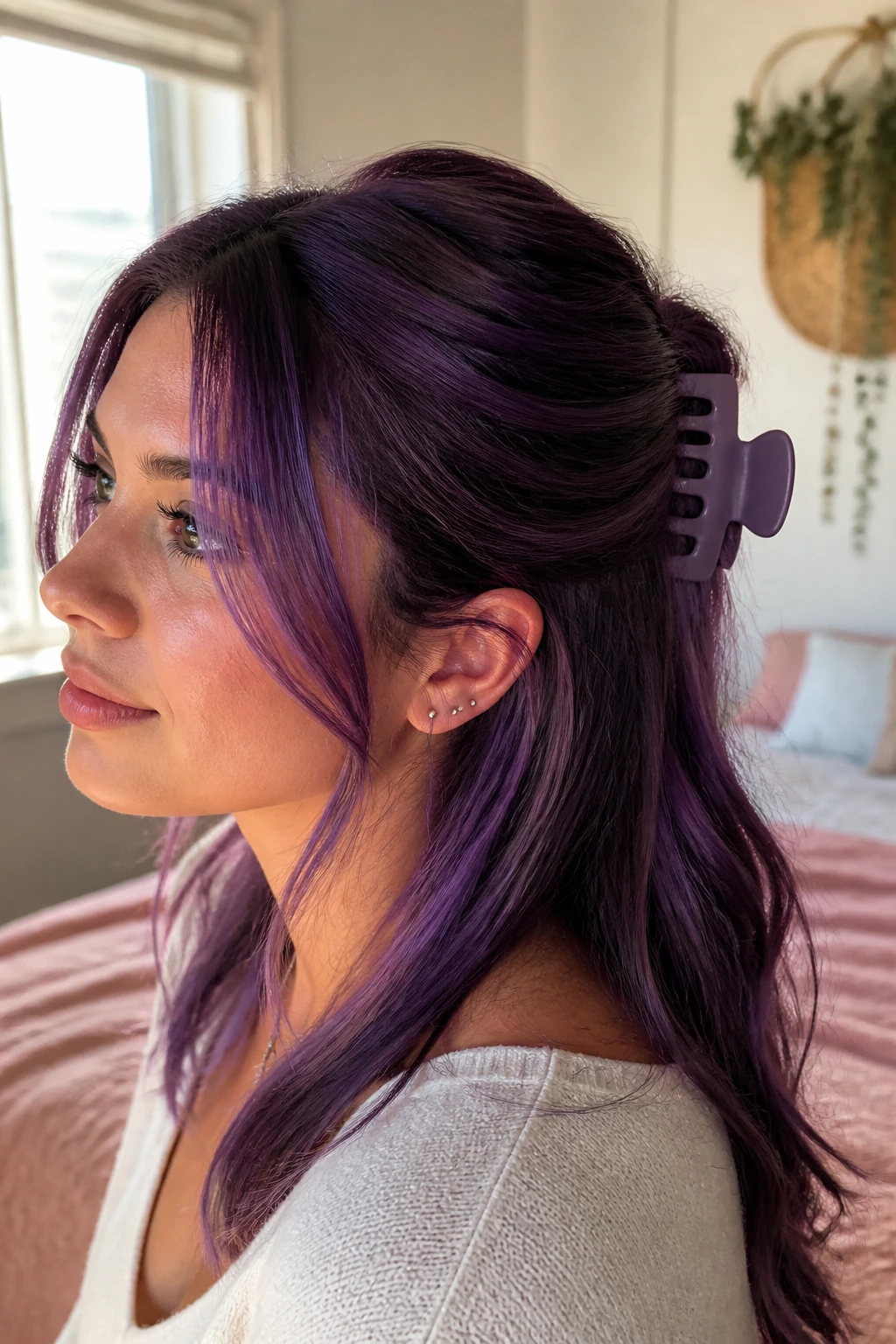 Close-up of a real person with amethyst half-up claw clip in a cozy bedroom