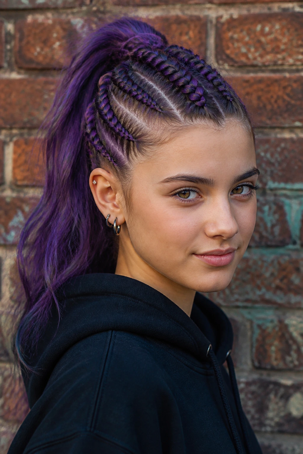 Real person with center faux-hawk braids and amethyst ponytail