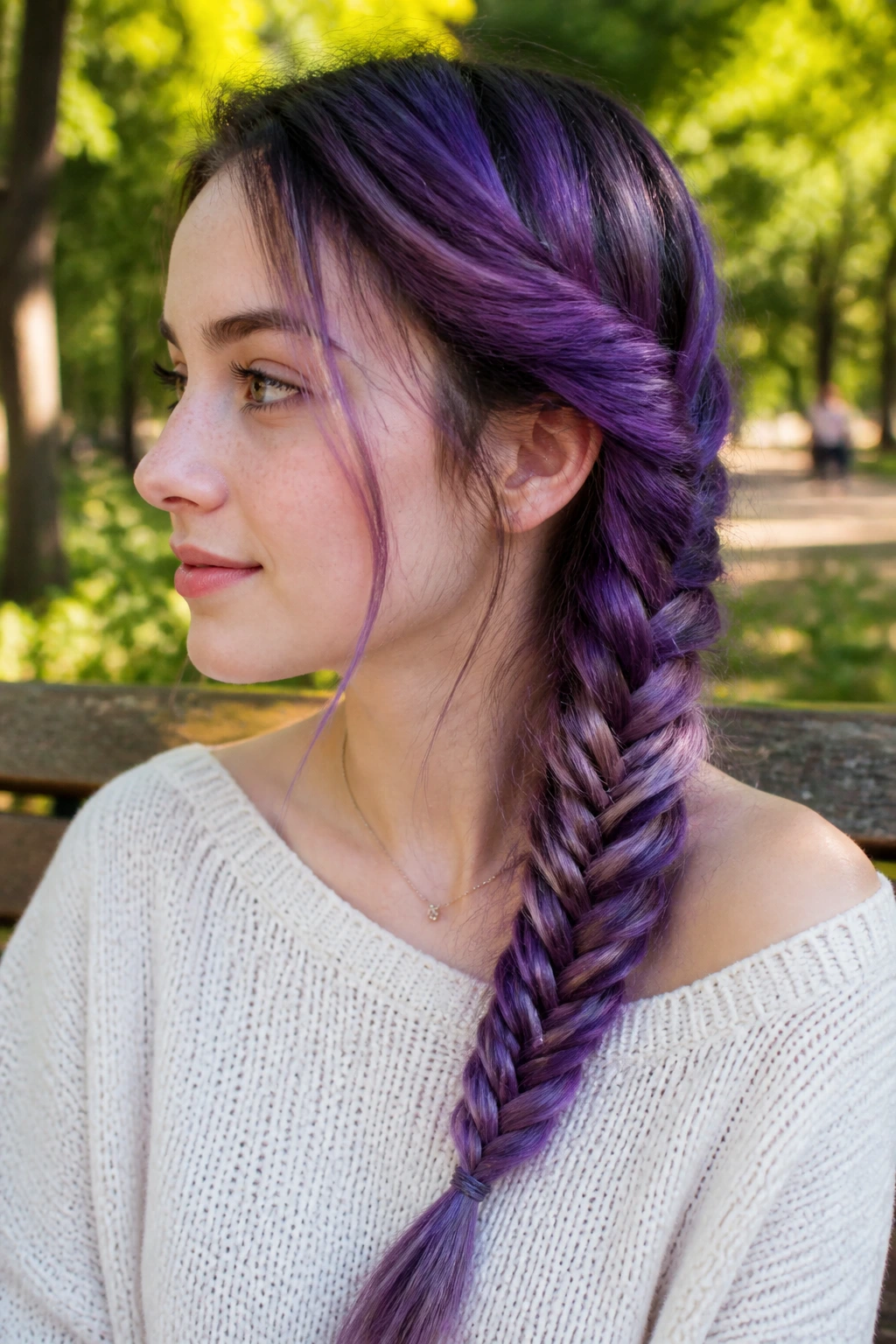 Close-up of amethyst hair in a side fishtail braid on a real person.