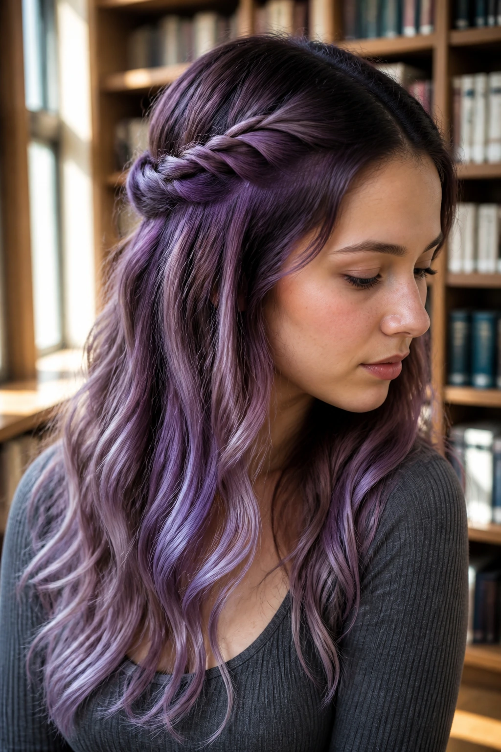 Close-up of amethyst hair with half-up twisted crown on a real person.
