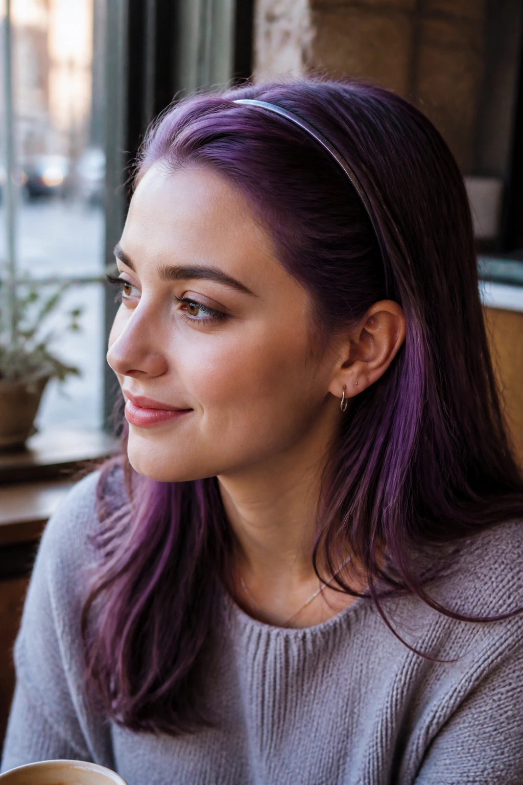 Real person with amethyst hair tucked behind a slim headband
