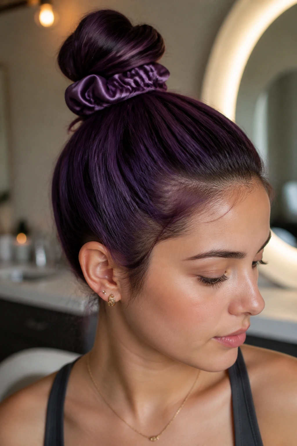 Close-up of a person with a sleek high bun and amethyst hair