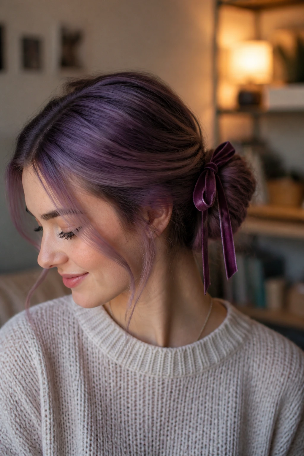 Close-up of amethyst hair in a low messy bun with a ribbon on a real person.