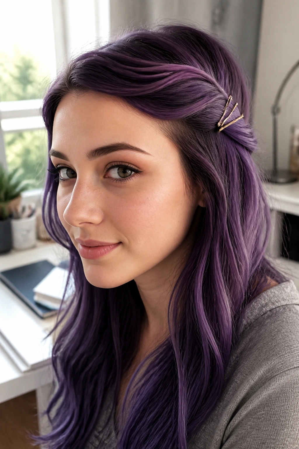 Close-up of real person with pinned-back bangs and amethyst hair