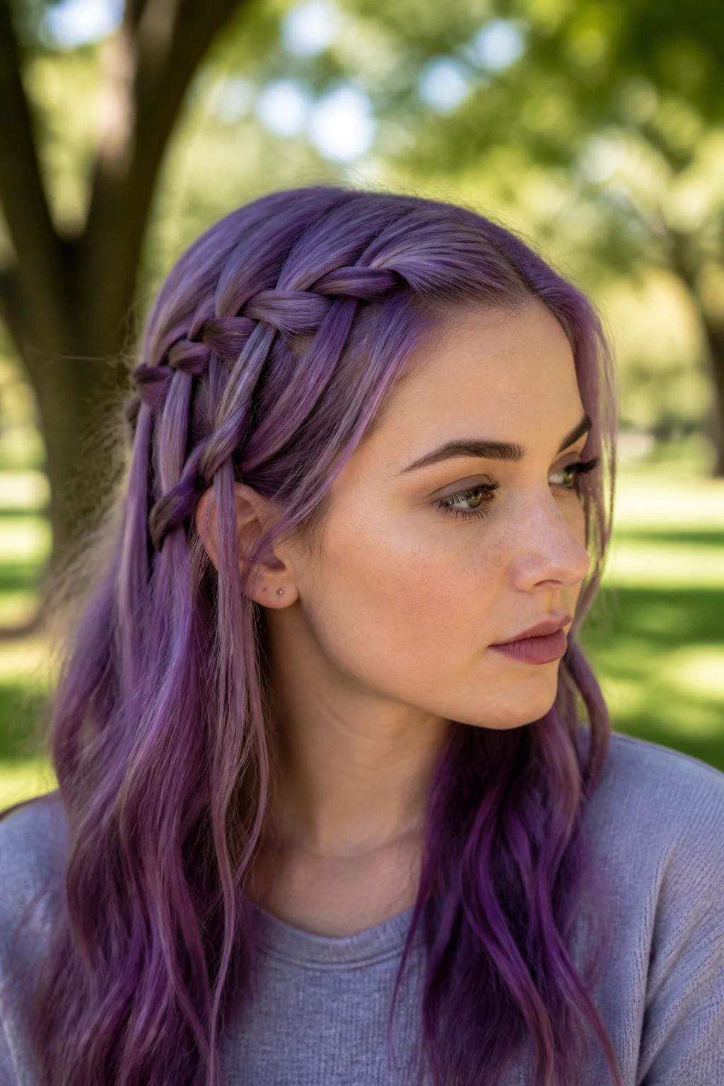 Close-up of amethyst hair with a side waterfall braid on a real person.